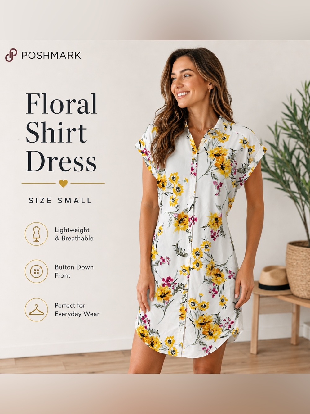 Express Floral Shirt Dress Size Small White Yellow Button Front  Spring Summer.